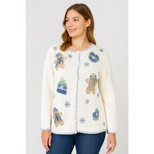 Croft & Barrow Gingerbread Knit Cardigan Sweater Winter Snow Ramie Blend Medium